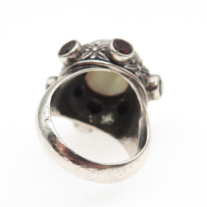 925 Sterling Silver Vintage Real Pearl & Red Garnet Modernist Ring Size 7