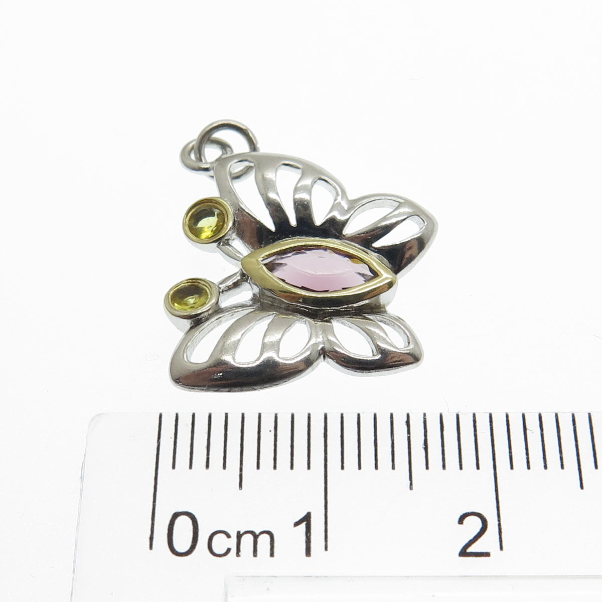925 Sterling Silver 2-Tone Real Amethyst & Citrine Gemstone Butterfly Pendant