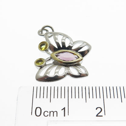 925 Sterling Silver 2-Tone Real Amethyst & Citrine Gemstone Butterfly Pendant