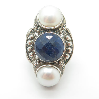 NICKY BUTLER 925 Sterling Silver Vintage Real Pearl & Sapphire Gem Ring Size 6