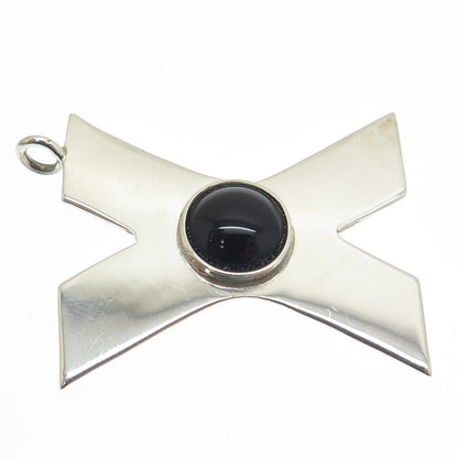 925 Sterling Silver Vintage Mexico Real Black Onyx Letter "X" Modernist Pendant
