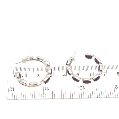 925 Sterling Silver Vintage Real Amethyst In & Out Hoop Earrings