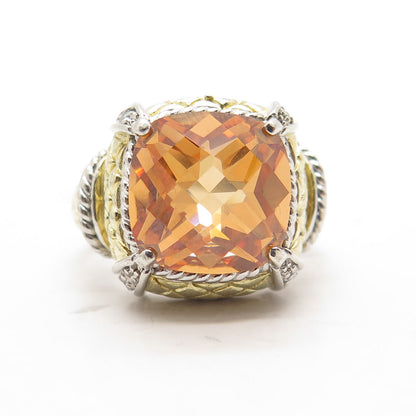 925 Sterling Silver 2-Tone Cushion-Cut Cognac & Round White C Z Ring Size 8.25