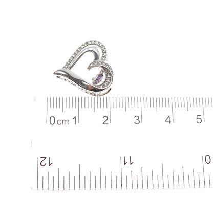 925 Sterling Silver Real Amethyst & White Topaz Heart Mini Slide Charm Pendant