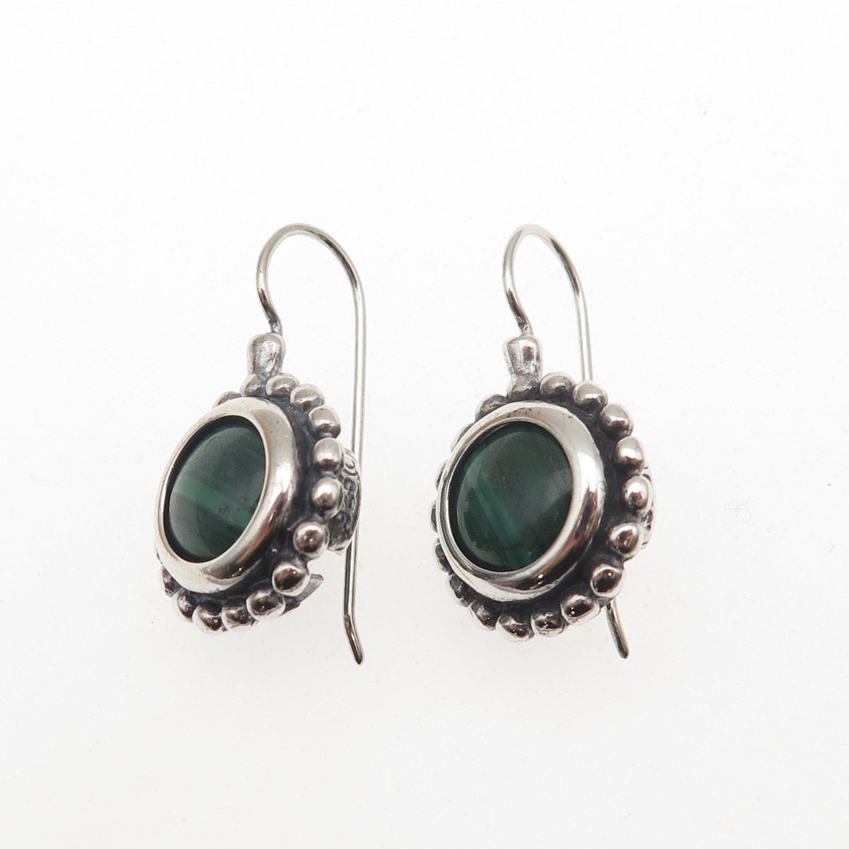 925 Sterling Silver Vintage Real Malachite Beaded Oxidized Dangle Earrings