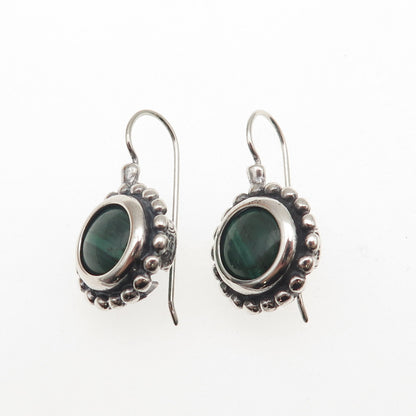 925 Sterling Silver Vintage Real Malachite Beaded Oxidized Dangle Earrings