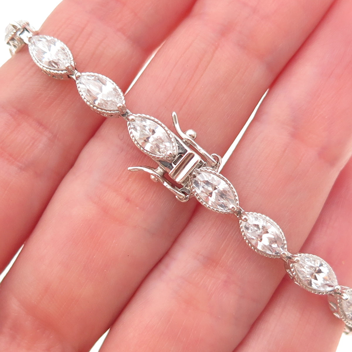 925 Sterling Silver Marquise-Cut C Z Link Bracelet 7"