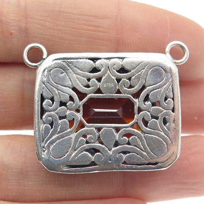 925 Sterling Silver Vintage Real Emerald-Cut Citrine Ornate Centerpiece Pendant