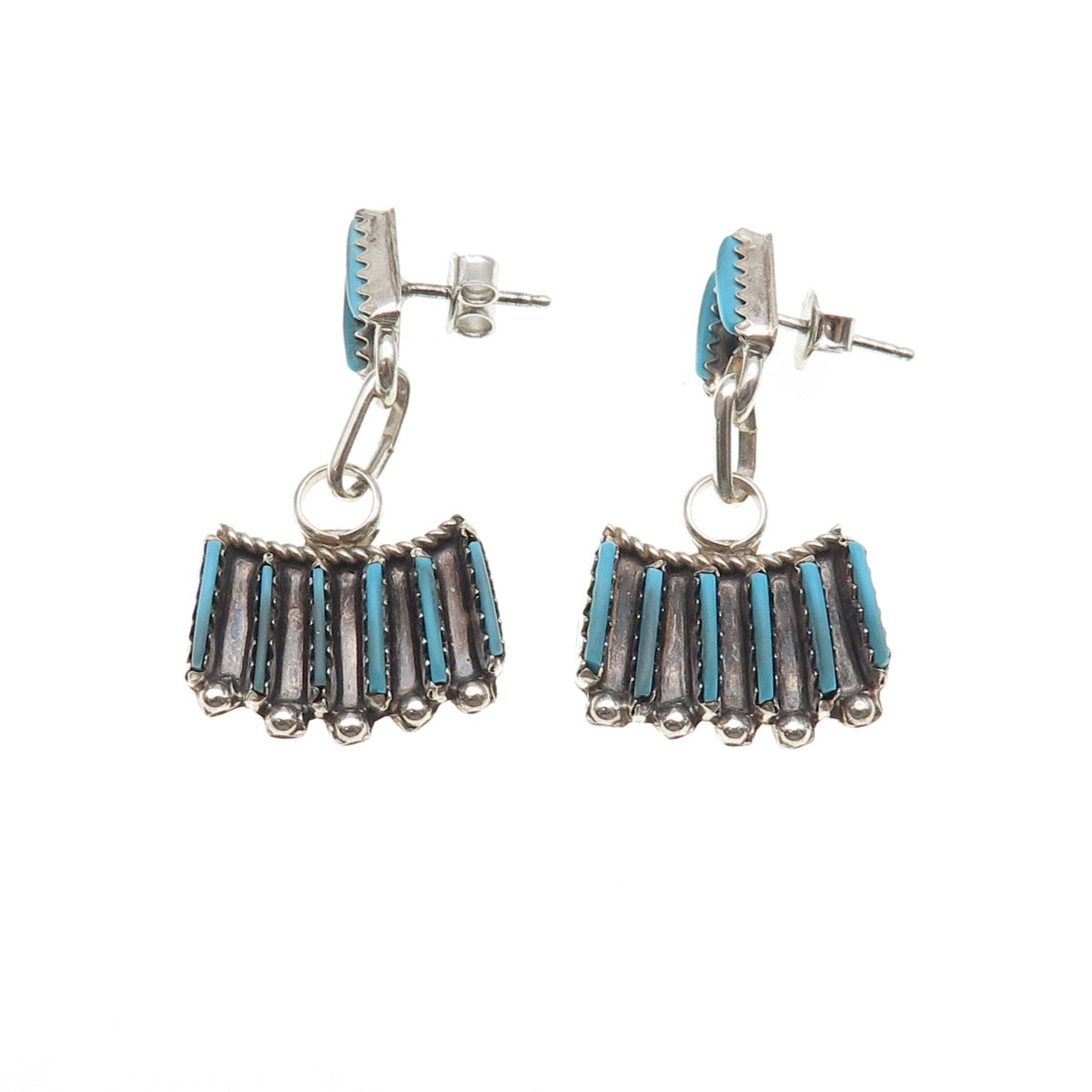Old Pawn Sterling Silver Vintage Turquoise Needlepoint Tribal Dangle Earrings