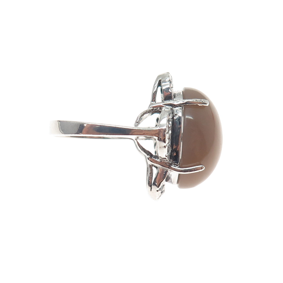 925 Sterling Silver Optic Fiber Cat's Eye & C Z Flower Ring Size 7.25