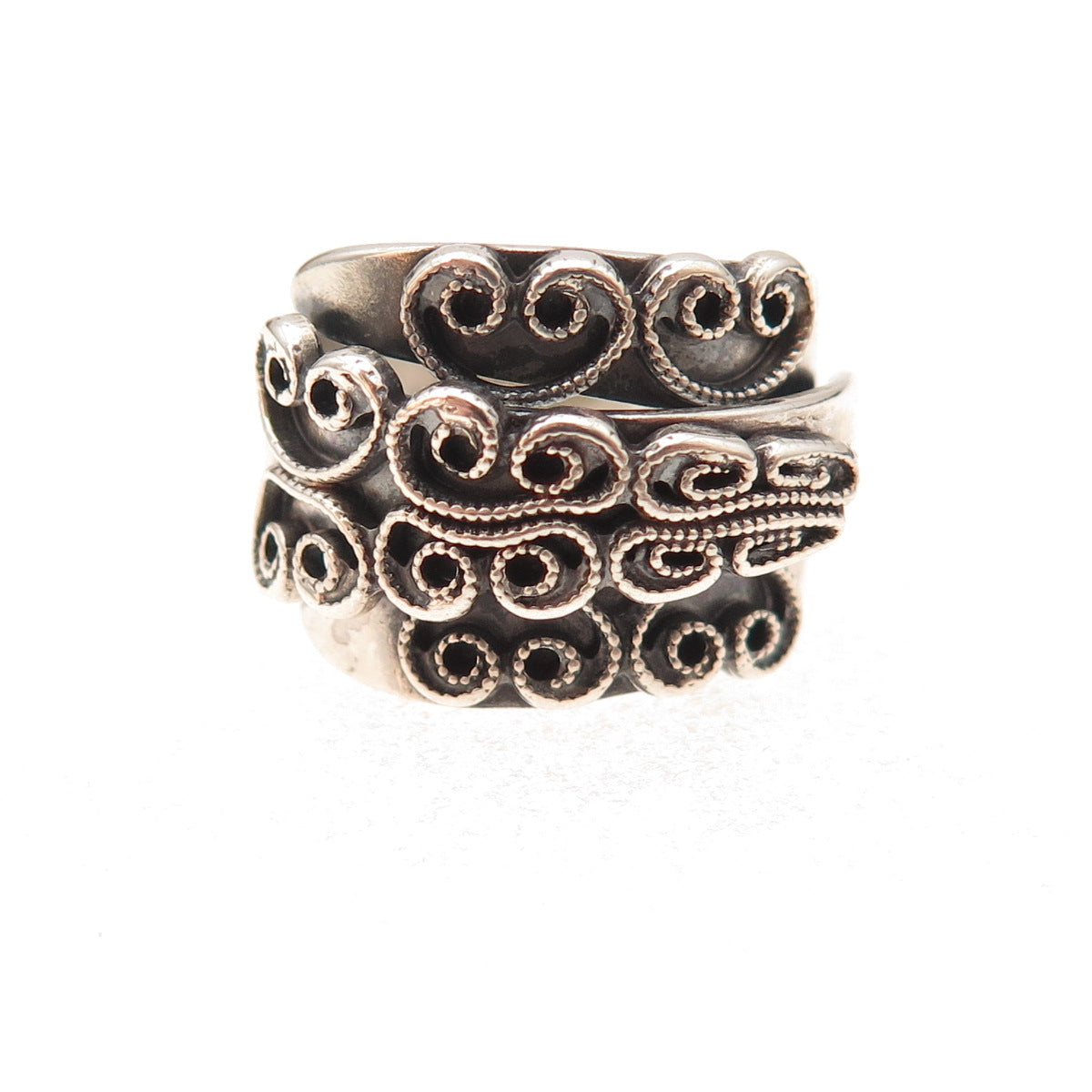 Beau Sterling Silver Antique Art Deco Heart Adjustable Oxidized Ring Size 5.25