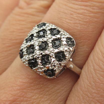 925 Sterling Silver Real Round-Cut Black Diamond Lattice Pattern Ring Size 8