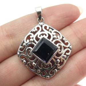 925 Sterling Silver Vintage Real Iolite Gemstone Swirl Ornate Pendant