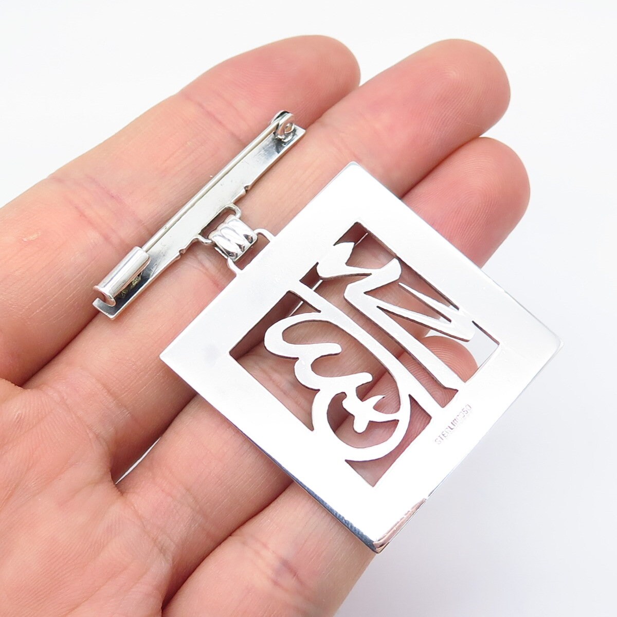 925 Sterling Silver Vintage Chinese Fortune Square Shape Pin Brooch