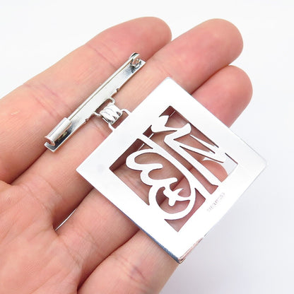 925 Sterling Silver Vintage Chinese Fortune Square Shape Pin Brooch