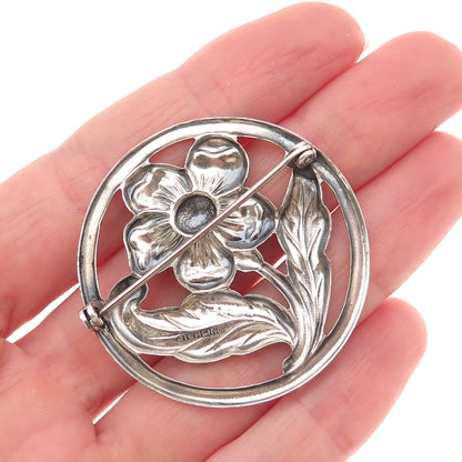 925 Sterling Silver Vintage Floral Oxidized Pin Brooch