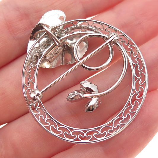 Carl Art Sterling Silver Antique Art Deco Rhinestone Floral Pin Brooch / Pendant