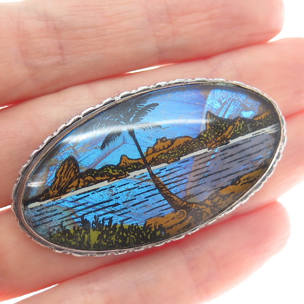 925 Sterling Silver Antique Art Deco Monarch Butterfly Wing Landscape Pin Brooch
