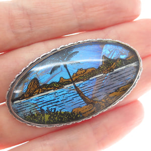 925 Sterling Silver Antique Art Deco Monarch Butterfly Wing Landscape Pin Brooch