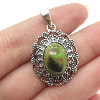 925 Sterling Silver Vintage Green Copper Turquoise Gem Ethnic Frame Pendant