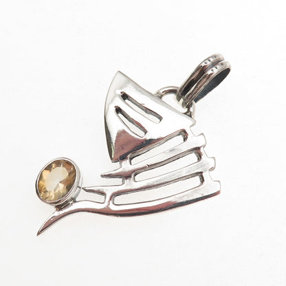 925 Sterling Silver Vintage Real Citrine Modernist Oxidized Pendant