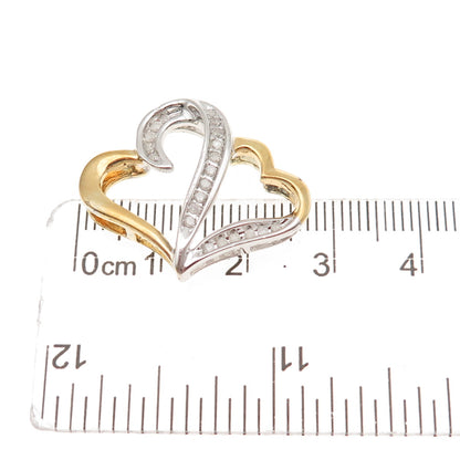 925 Sterling Silver 2-Tone Real Diamond Couple Heart Slide Charm Pendant