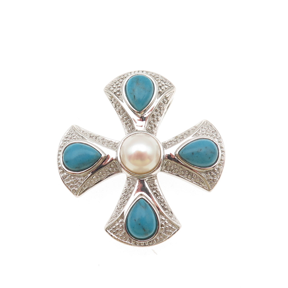 925 Sterling Silver Real Pearl & Turquoise Cross Slide Pendant