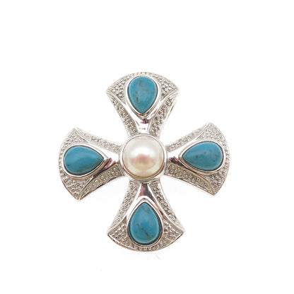 925 Sterling Silver Real Pearl & Turquoise Cross Slide Pendant