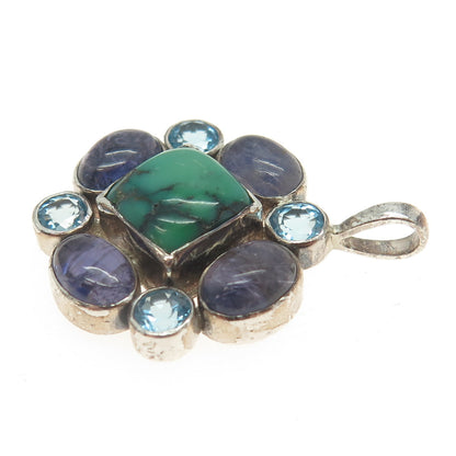 925 Sterling Silver Vintage Real Turquoise Amethyst & Blue Topaz Gem Pendant