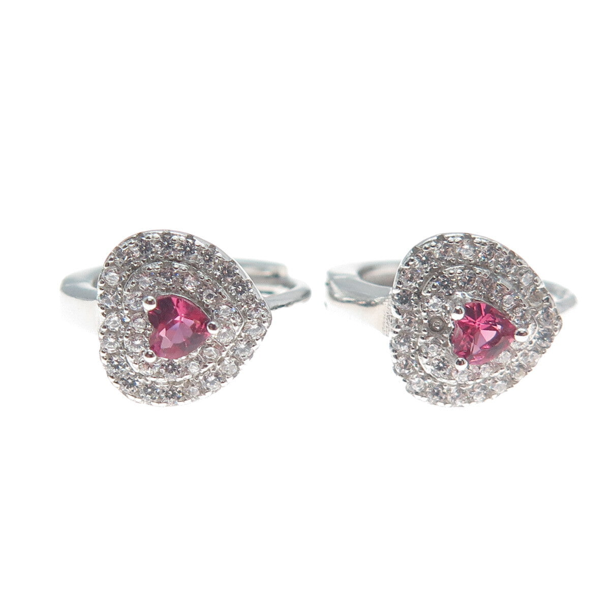 925 Sterling Silver Heart-Cut Pink & Round-Cut White C Z Hoop Earrings