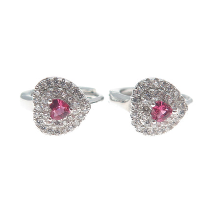 925 Sterling Silver Heart-Cut Pink & Round-Cut White C Z Hoop Earrings