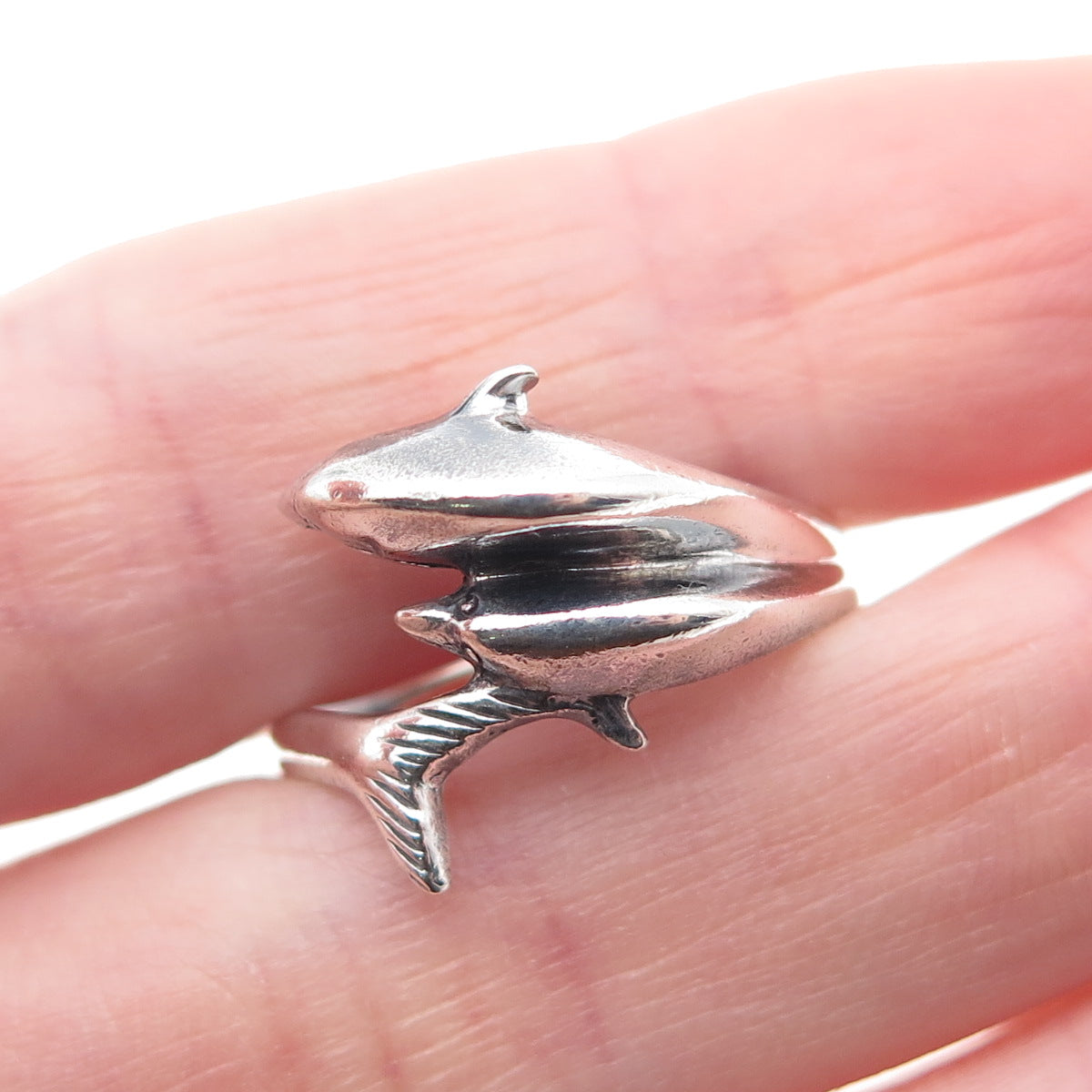925 Sterling Silver Vintage Dolphin Couple Oxidized Ring Size 8.75
