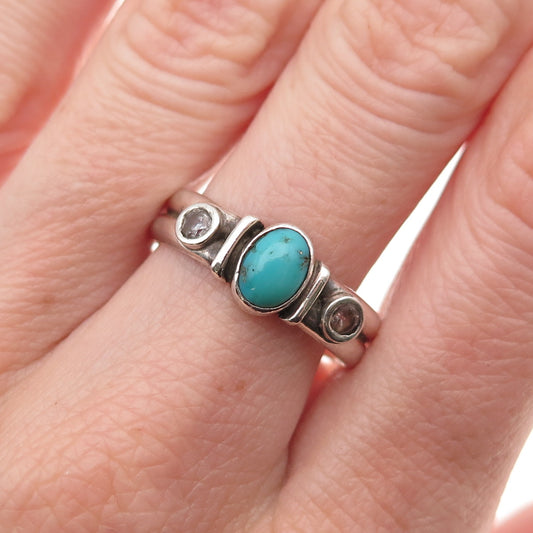 Old Pawn Sterling Silver Vintage Turquoise & White Topaz Tribal Ring Size 9.25