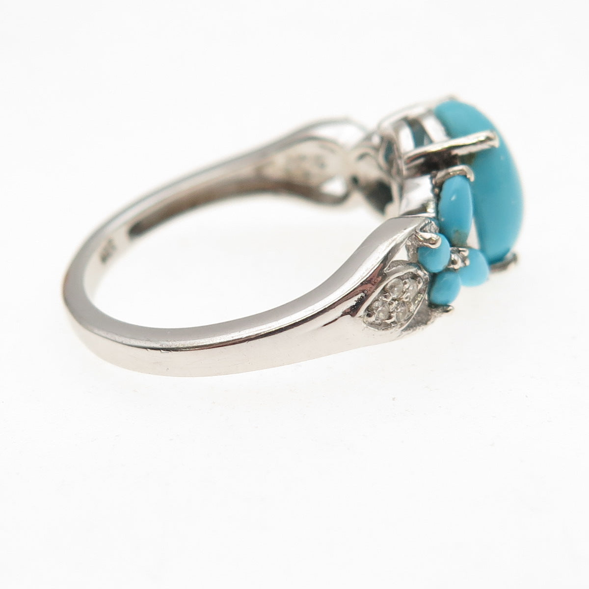 925 Sterling Silver Real Sleeping Beauty Turquoise & White Topaz Ring Size 8