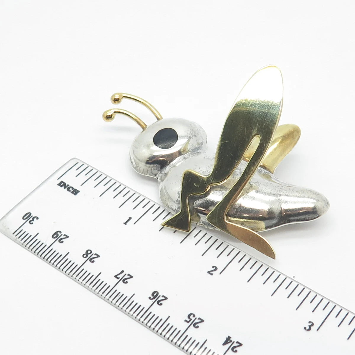 925 Sterling Silver 2-Tone Vintage Taxco Black Onyx Gem Grasshopper Pin Brooch