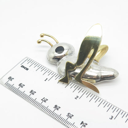 925 Sterling Silver 2-Tone Vintage Taxco Black Onyx Gem Grasshopper Pin Brooch