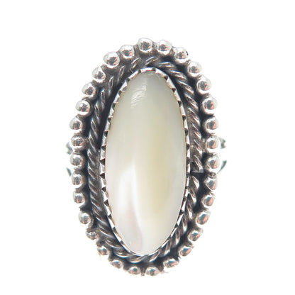 Old Pawn Sterling Silver Vintage Mother-of-Pearl Beaded Oxidized Ring Size 6.25