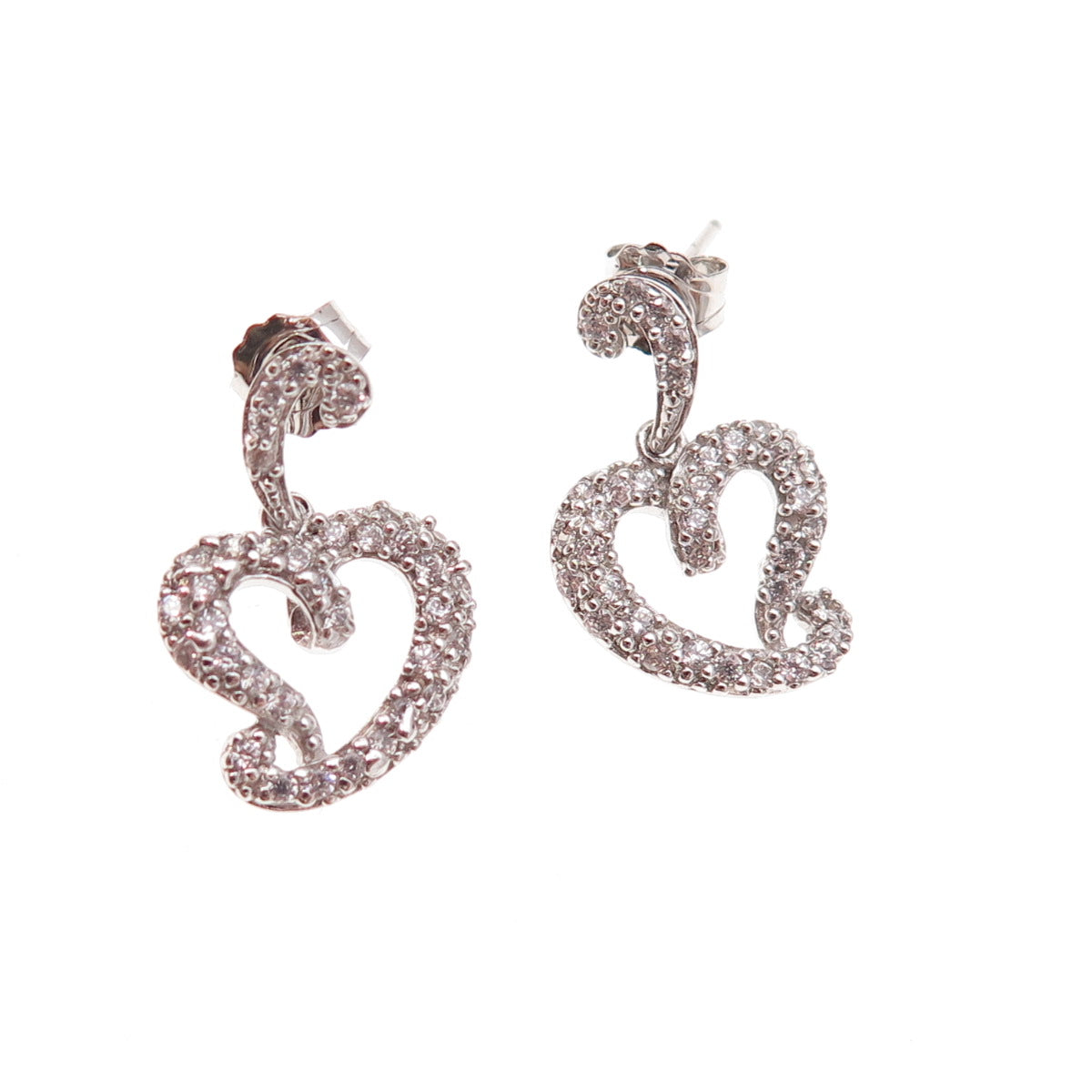 925 Sterling Silver Round-Cut C Z Heart Dangle Earrings
