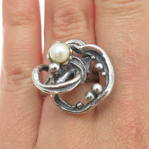 925 Sterling Silver Vintage Real Pearl Modernist Ring Size 6.75