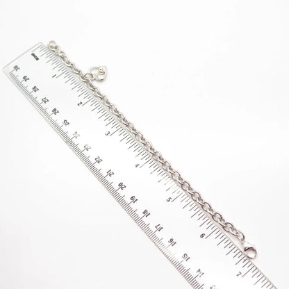 925 Sterling Silver / 14K Vintage Diamond Accent Heart Rolo Link Bracelet 6.5"