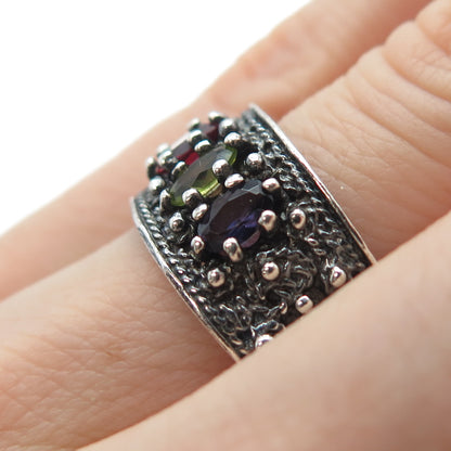 925 Sterling Silver Vintage Real Garnet Peridot Amethyst Oxidized Ring Size 6.5