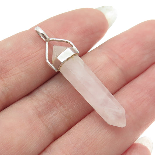 925 Sterling Silver Vintage Real Rose Quartz Amulet Pendant