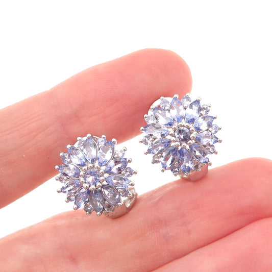 Chuck Clemency 925 Sterling Silver Real Tanzanite Floral Omega Back Earrings