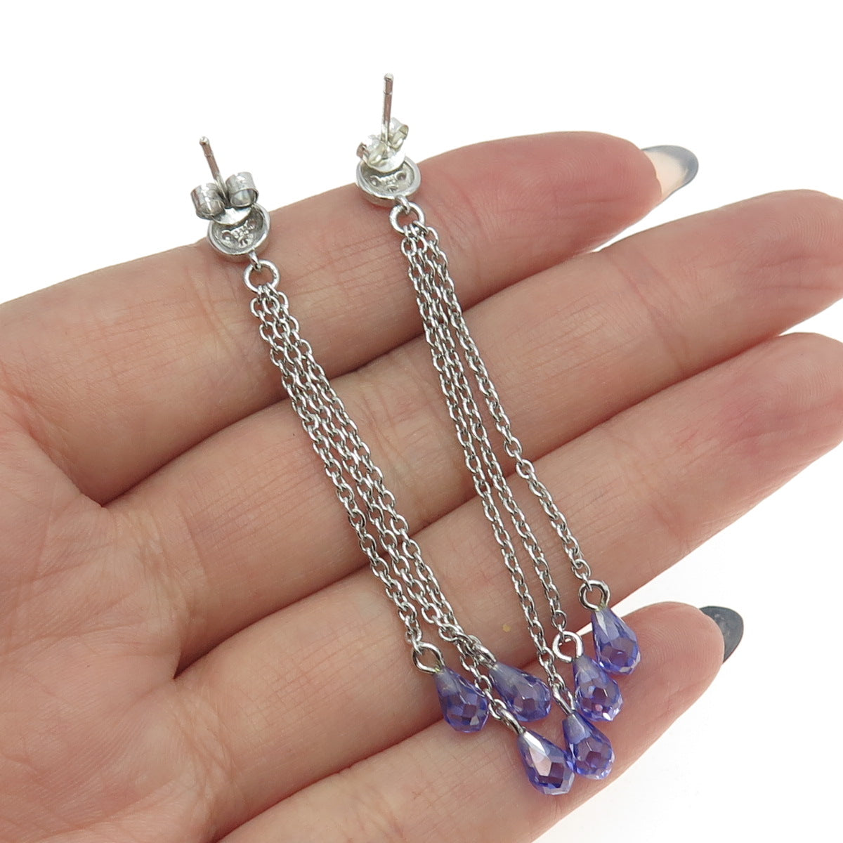 925 Sterling Silver Purple & White C Z Chain Drop Dangling Earrings