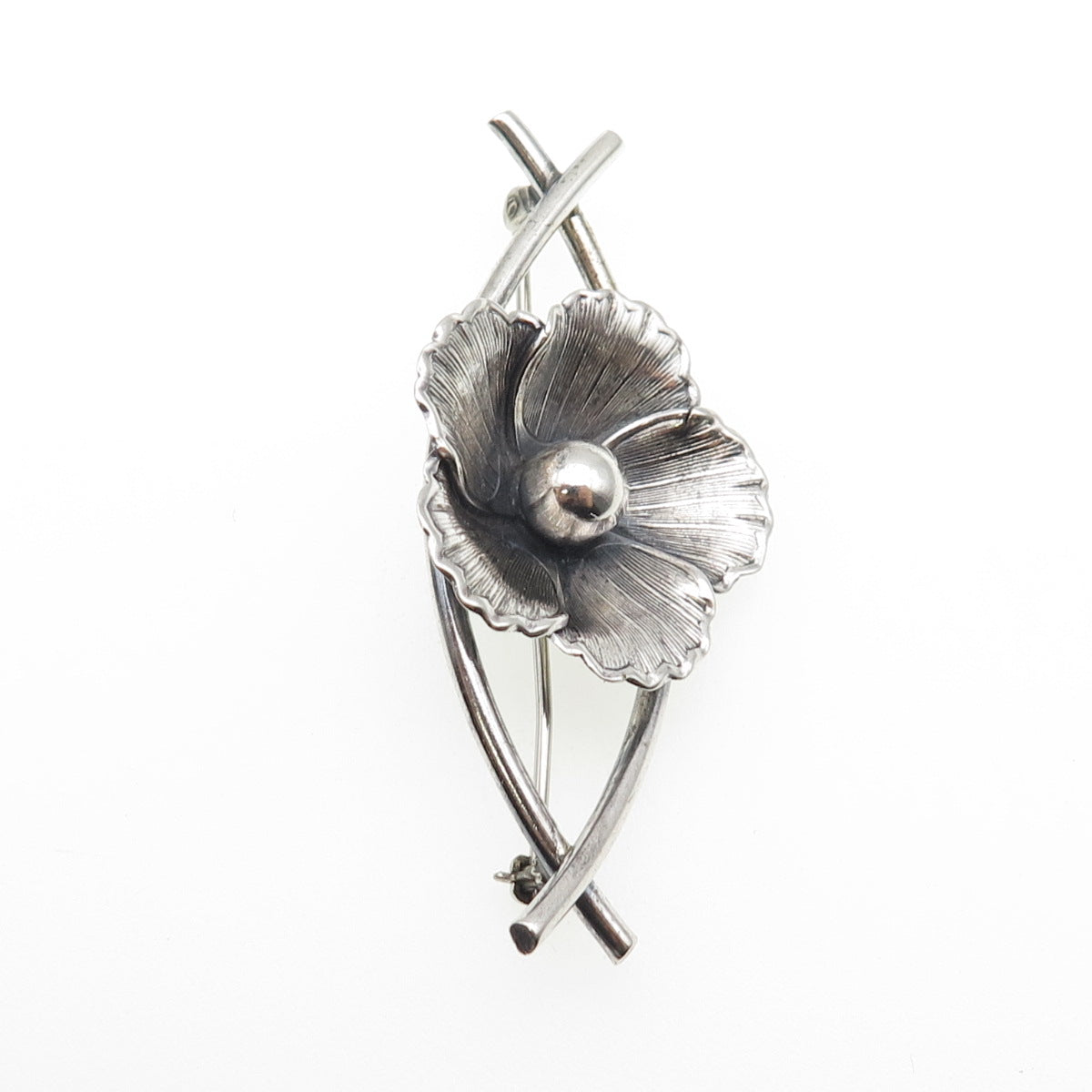 BEAU 925 Sterling Silver Antique Art Deco Flower Blossom Oxidized Pin Brooch