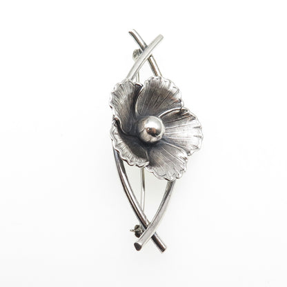BEAU 925 Sterling Silver Antique Art Deco Flower Blossom Oxidized Pin Brooch
