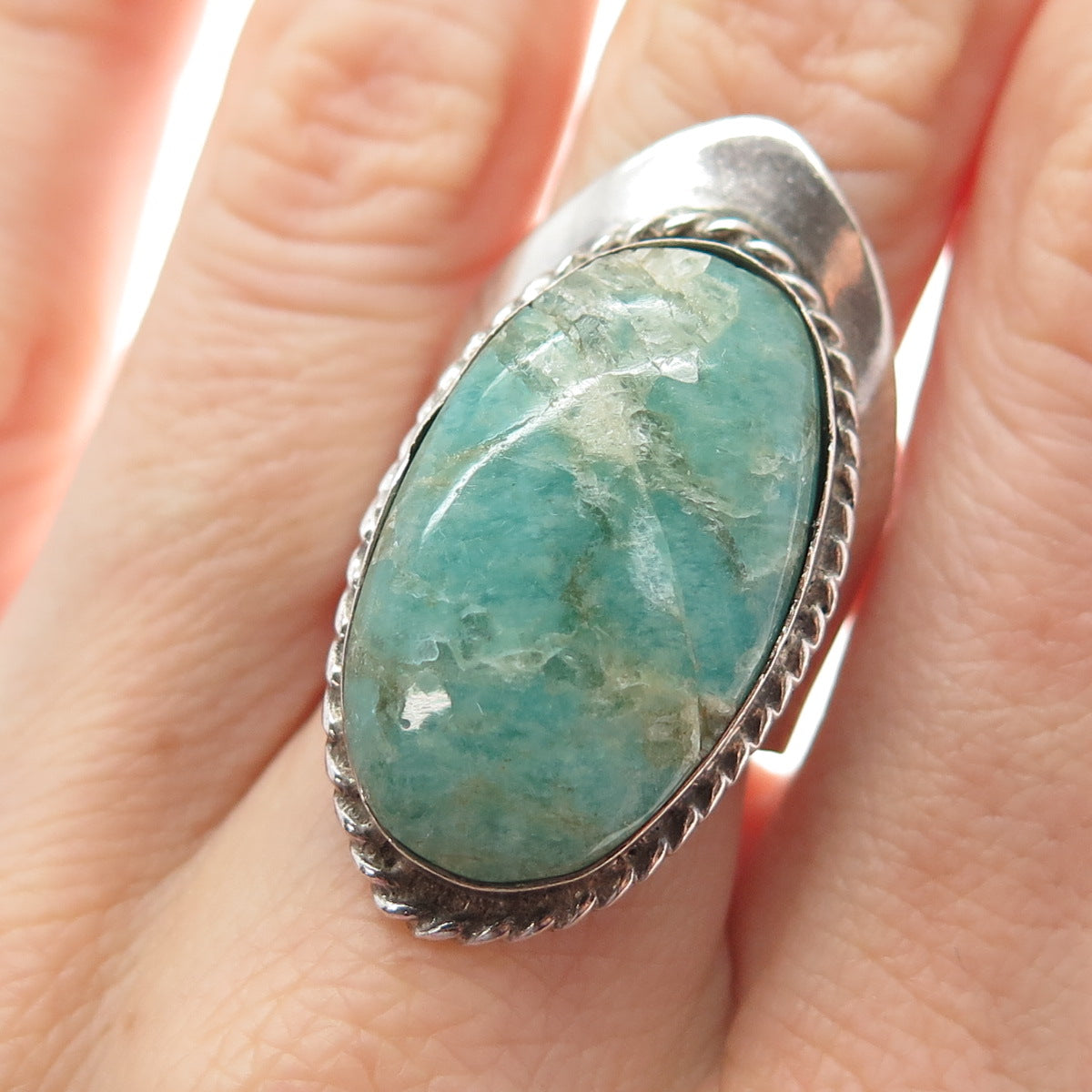 925 Sterling Silver Vintage Mexico Real Amazonite Adjustable Ring Size 8.75