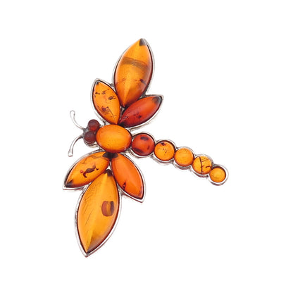 925 Sterling Silver Vintage AS Poland Real Amber Dragonfly Oxidized Pin Brooch