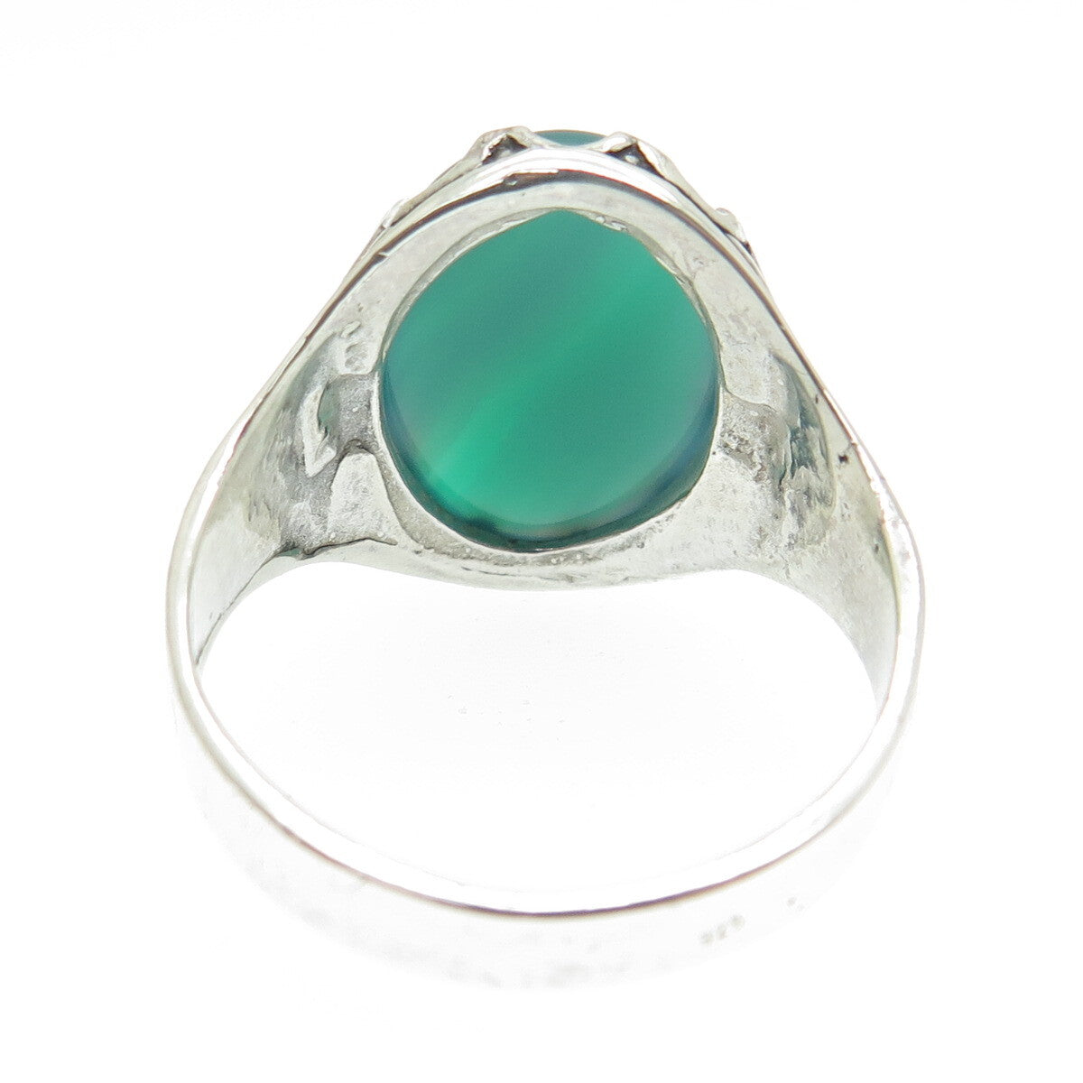 925 Sterling Silver Vintage Green Agate Flower Oxidized Ring Size 11.5