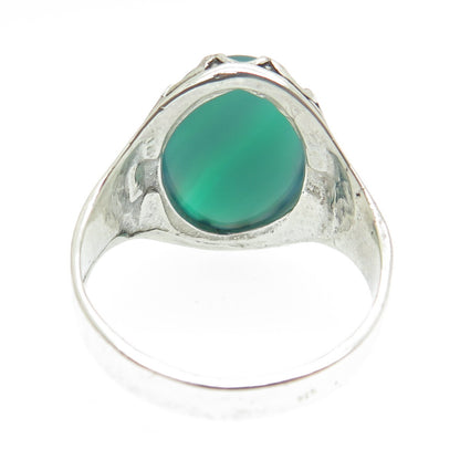 925 Sterling Silver Vintage Green Agate Flower Oxidized Ring Size 11.5